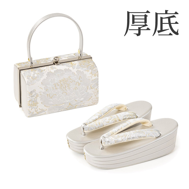 草履バッグセット 銀/白 帯地 洋菊 厚底 中国製 | 大人和装,婦人和装