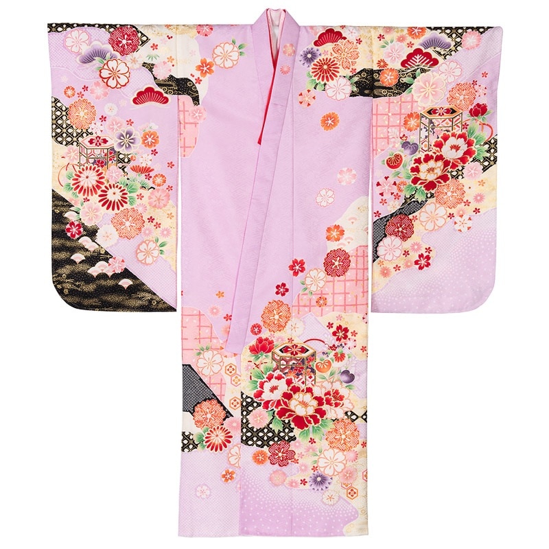 女の子七才着物 ポリ 絵羽 薄紫 疋田 貝桶と芍薬 中国製