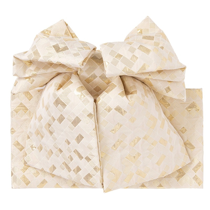 女の子結び帯 ベージュ/金 幾何学 