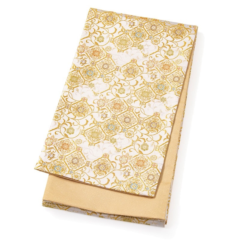 ジュニア帯 ポリ 白 金襴 菱に蔦と華