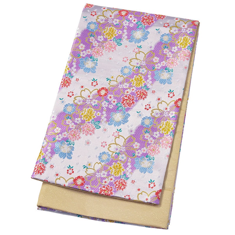 ジュニア帯 ポリ 紫 道長取り 桜と小花