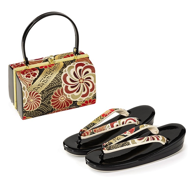 草履バッグセット 黒/黒 佐賀錦 ねじり梅 中国製