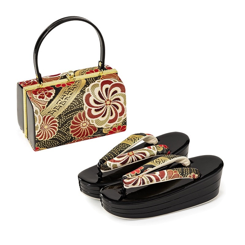 草履バッグセット 黒/黒 佐賀錦 ねじり梅 厚底 中国製