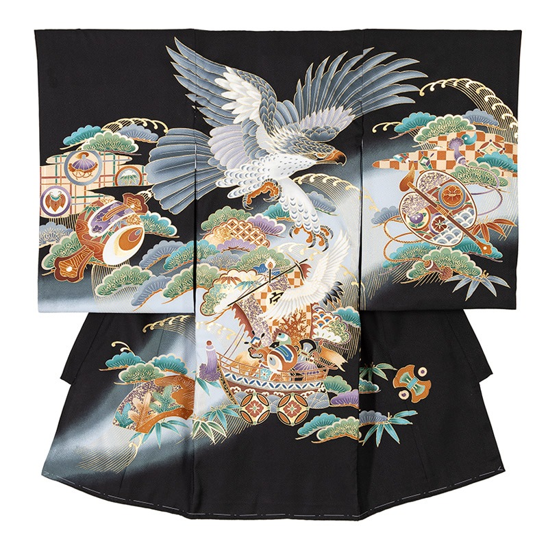 男の子初着 正絹 黒 鷹に宝船