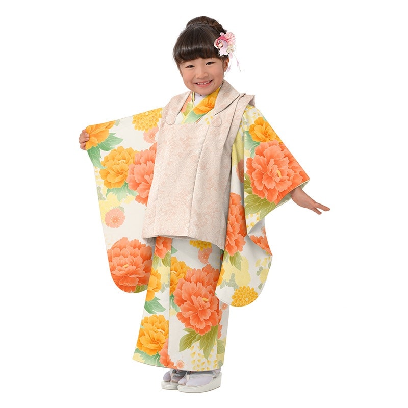 女の子被布セット ポリ 薄オレンジ・ピンクレース 牡丹に藤
