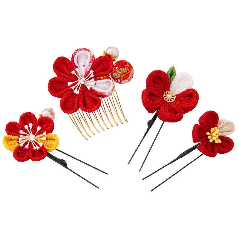髪飾り 赤 ちりめん梅にパール 4点セット 
