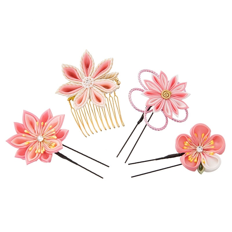 髪飾り ピンク 剣花に桃 4点セット