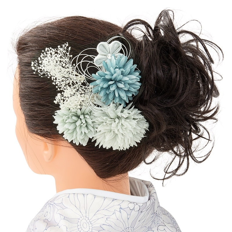 髪飾り 水色 マムにかすみ草 7本組