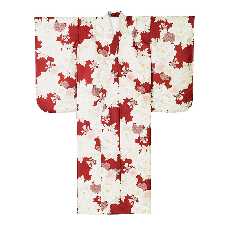 ジュニア女の子着物 小紋 エンジ 芍薬 13才 中国製