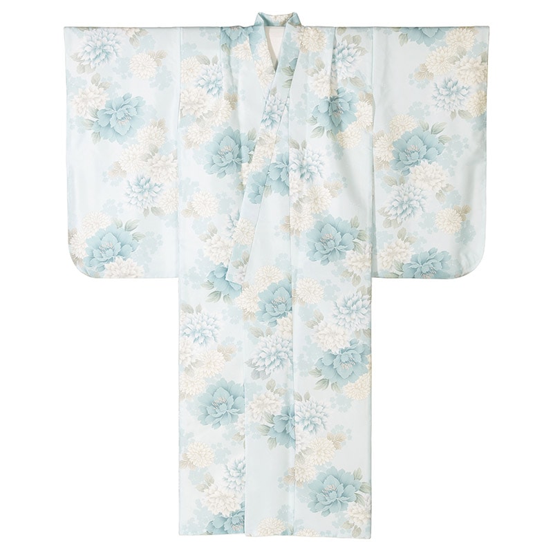 ジュニア女の子着物 小紋 水色 牡丹とダリア 13才 中国製