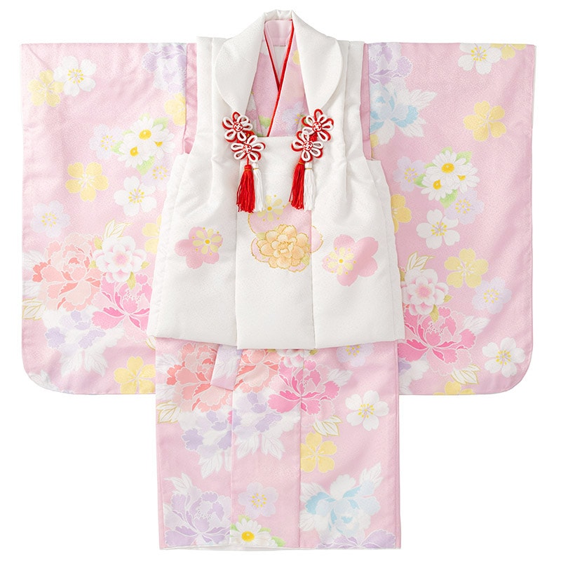 女の子被布セット ポリ ピンク・白 牡丹に桜 3才 中国製