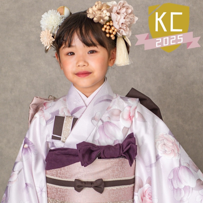 女の子着物帯セット ポリ 小紋 ラベンダーピンク アンティークローズ 7才 難物 中国製