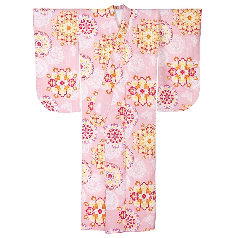 ジュニア女の子着物 ポリ 小紋 ピンク 幾何学模様 花 10才 裄169 中国製 