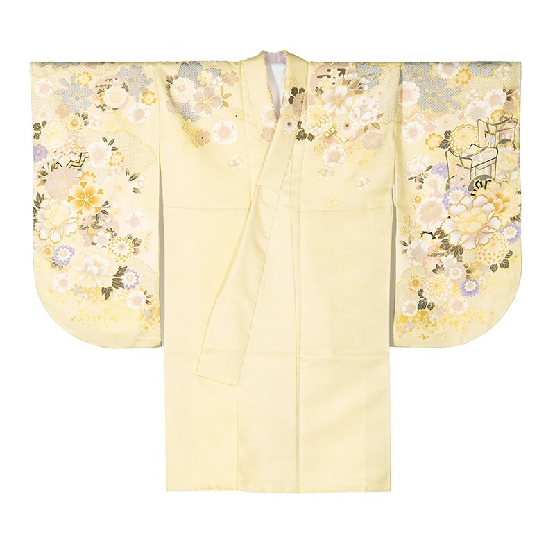 二尺袖着物 ポリ ショート丈 絵羽 うぐいす色 御所車と雪輪に鞠 裄180 中国製 