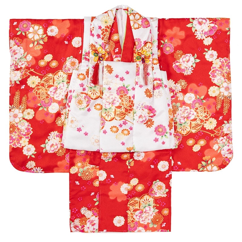 女の子被布セット ポリ 赤・白 花車 3才 中国製