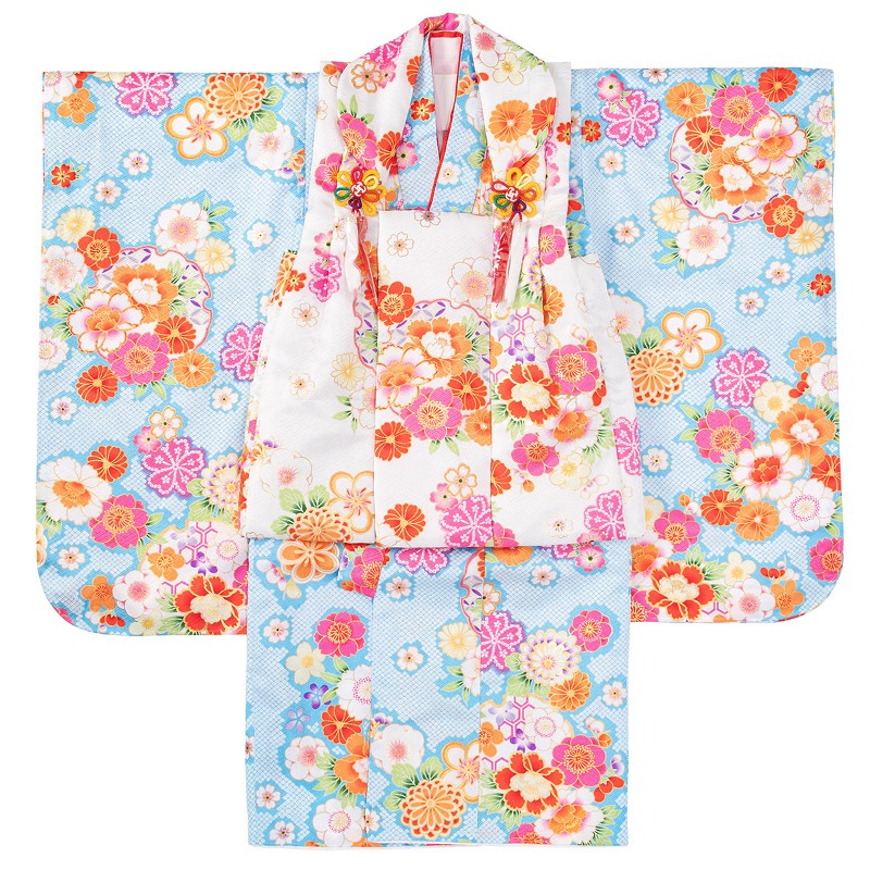 女の子被布セット ポリ 水色・白 雪輪牡丹 3才 中国製