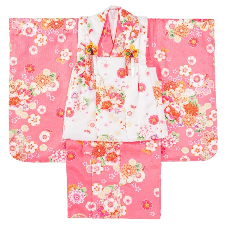 女の子被布セット ポリ ピンク・白 花紋 3才 中国製