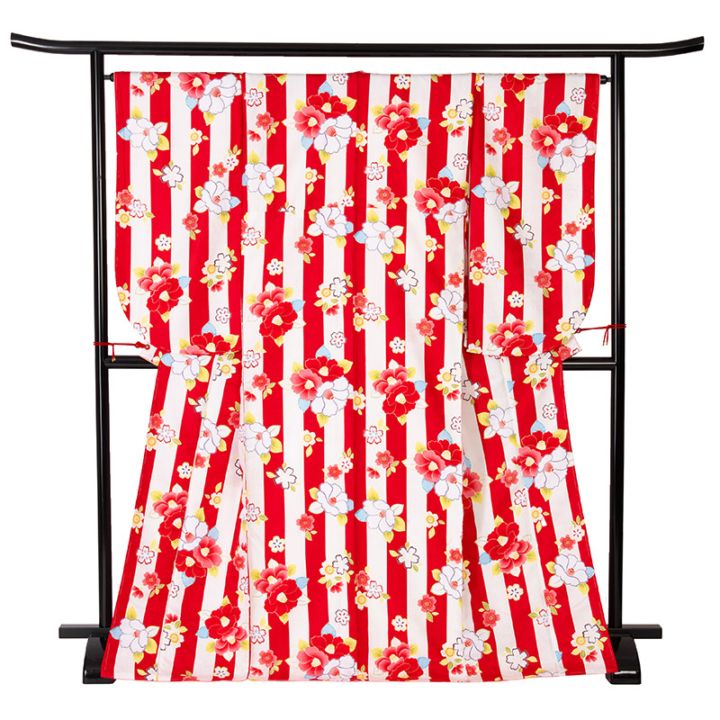 二尺袖着物 ポリ 小紋 赤白 椿と桜 裄180 難物 中国製 