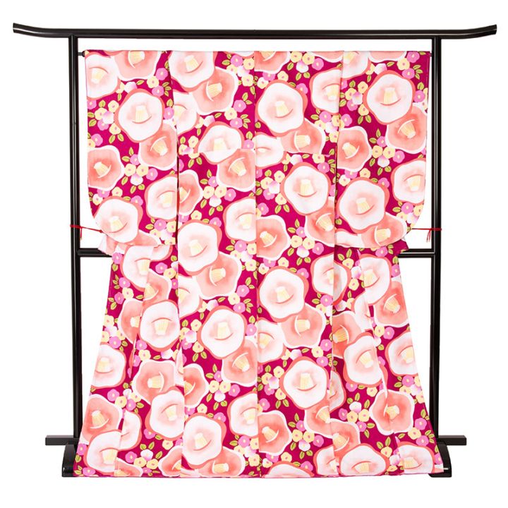 二尺袖着物 ポリ 小紋 ワイン 椿 TL 裄185 中国製 