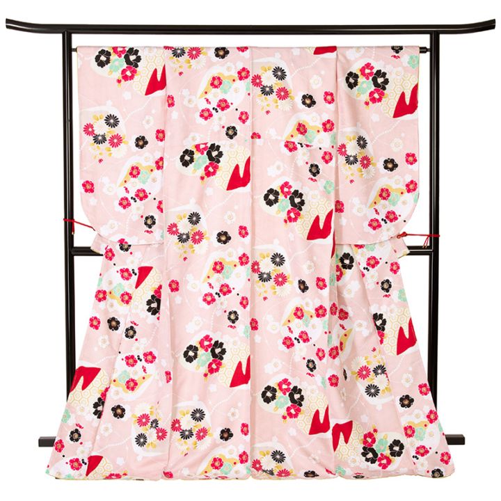 二尺袖着物 ポリ 小紋 ピンク 貝合わせに四季の花 BL 裄185 中国製