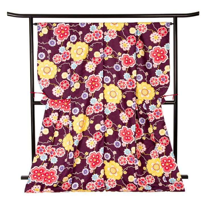 二尺袖着物 ポリ 小紋 紫 雪輪に四季の花 BL 裄185 中国製