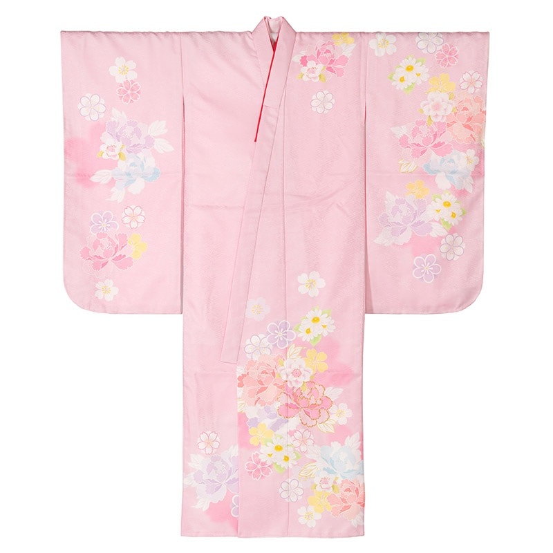 女の子七才着物 ポリ 絵羽 ピンク 牡丹に桜 中国製 