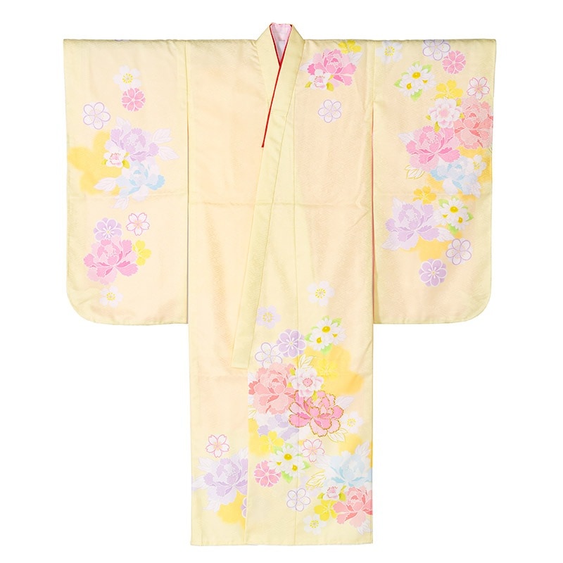 女の子七才着物 ポリ 絵羽 クリーム 牡丹に桜 中国製