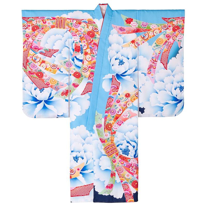 女の子七才着物 ポリ 絵羽 青 芍薬 A 中国製