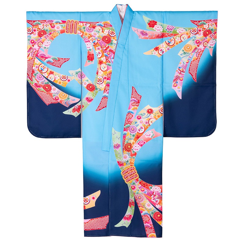 女の子七才着物 ポリ 絵羽 水色/紺ぼかし A 中国製