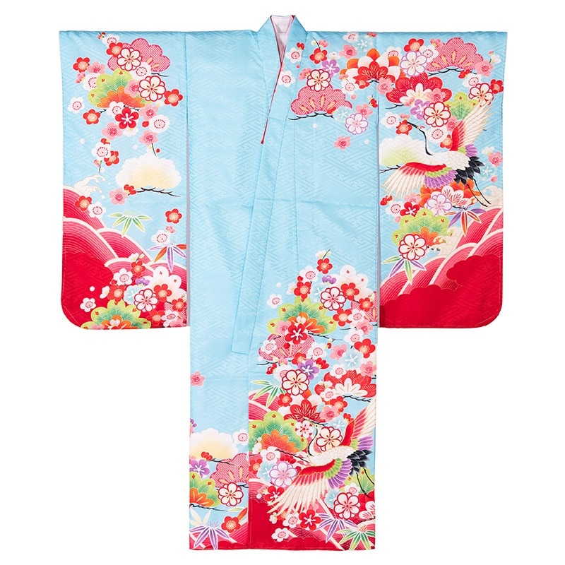 女の子七才着物 ポリ 絵羽 水色 B 中国製