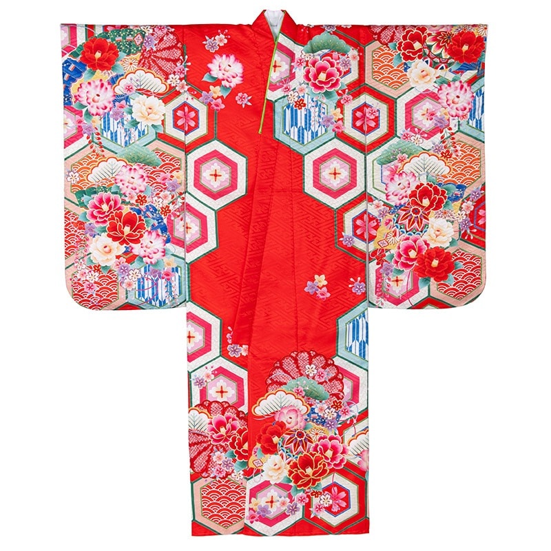 女の子七才着物 ポリ 絵羽 赤 D 中国製