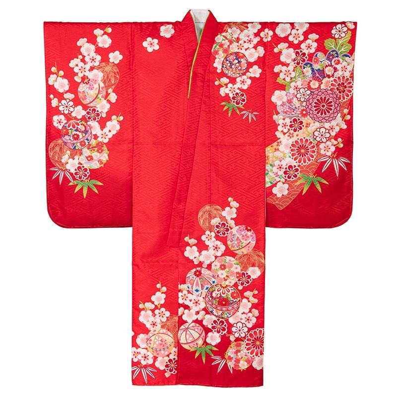 女の子七才着物 ポリ 絵羽 赤 G 中国製