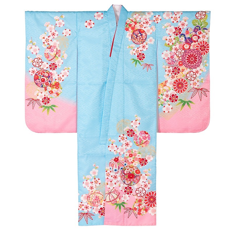 女の子七才着物 ポリ 絵羽 水色 G 中国製