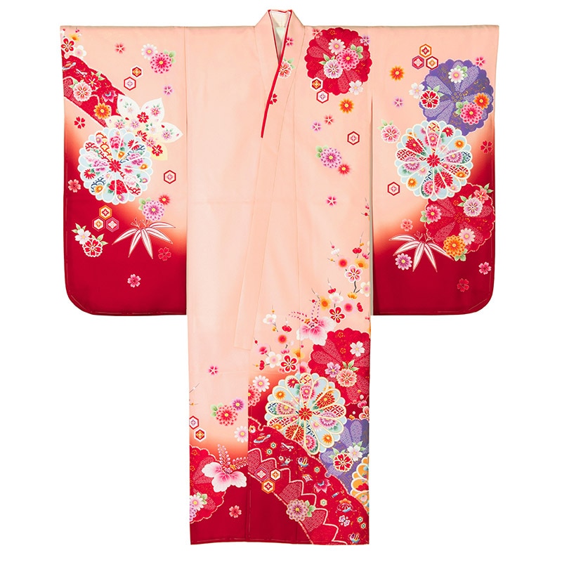 女の子七才着物 ポリ 絵羽 サーモンピンク H 中国製