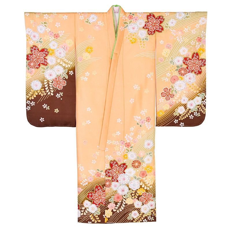 女の子七才着物 ポリ 絵羽 薄オレンジ 辻が花