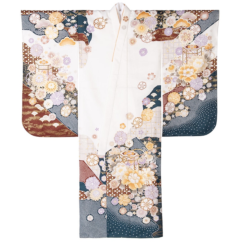 女の子七才着物 ポリ 絵羽 白 紺疋田に芍薬 中国製