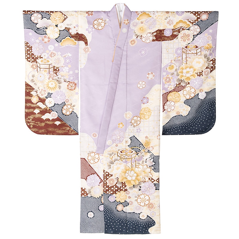 女の子七才着物 ポリ 絵羽 薄紫 紺疋田に芍薬 中国製