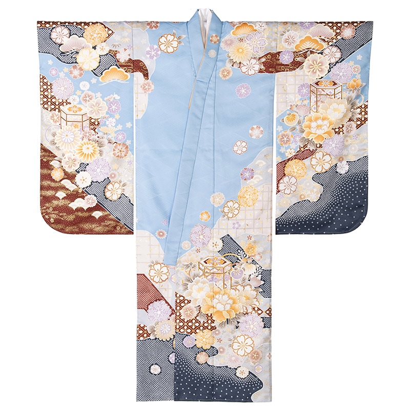 女の子七才着物 ポリ 絵羽 水色 紺疋田に芍薬 中国製