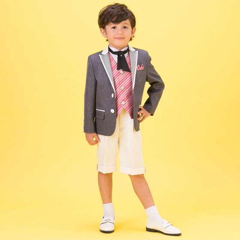 男の子礼服 グレー /赤ピンク縞 ネクタイ・チーフ付 120cm 中国製
