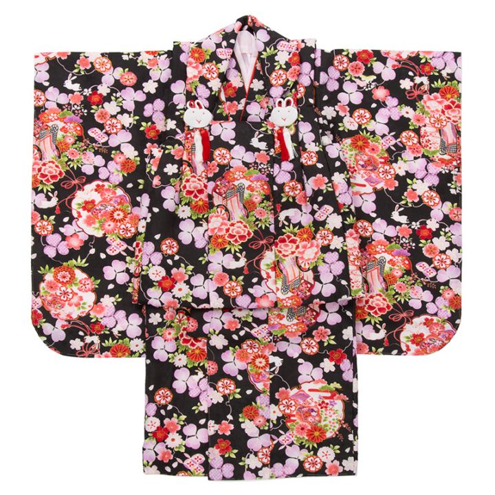 女の子 被布セット ポリ 黒 雪輪に御所車 3才