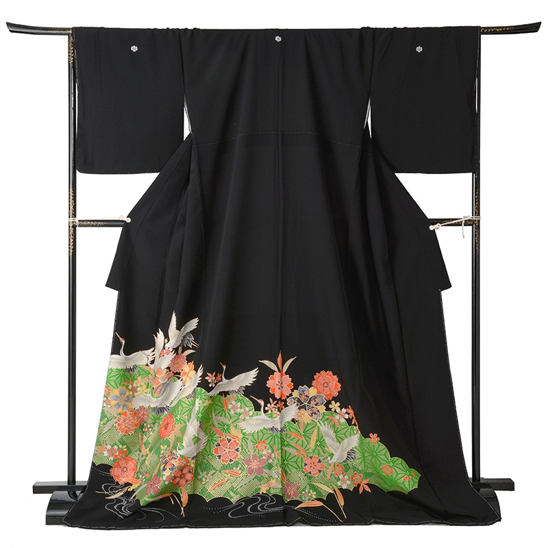 黒留袖 ポリ 緑 鶴と桜