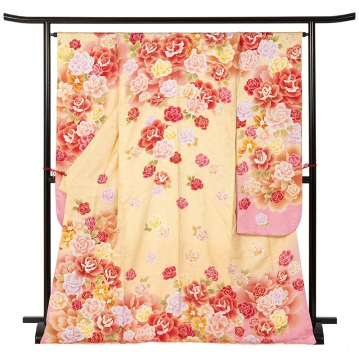 振袖 正絹 赤 疋田絞り 牡丹 裄180 振袖 正絹 赤疋田絞り 牡丹 裄180 袖丈285 | 大人和装,婦人着物