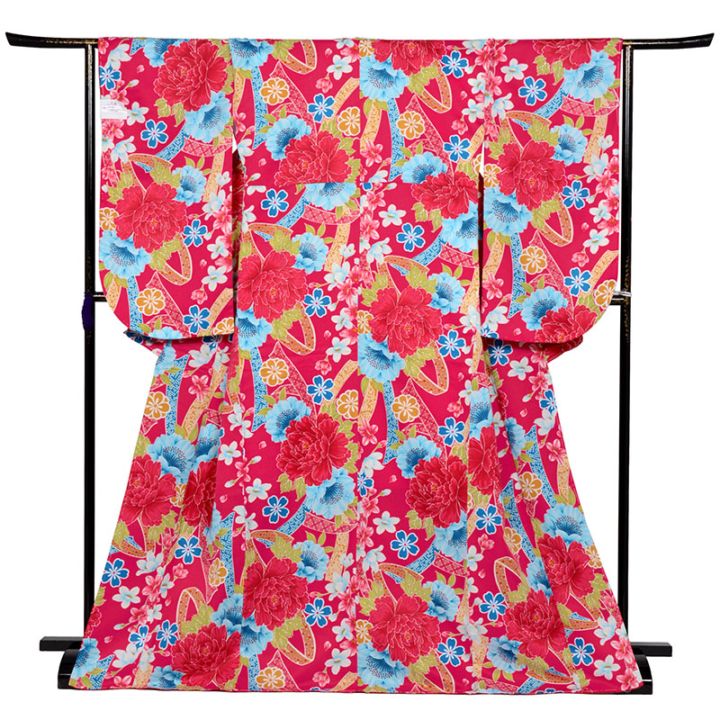 二尺袖着物 ポリ 小紋 ローズ 牡丹にのし 裄180 中国製