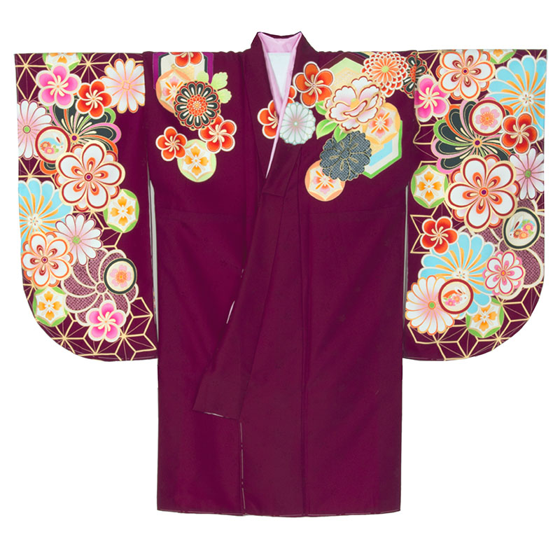 二尺袖着物 ポリ ショート丈 絵羽 赤紫 麻の葉にねじり梅 中国製