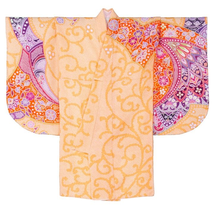 二尺袖着物 ポリ ショート丈 黄色 華疋田/総絞り 裄180 難物 ミャンマー製