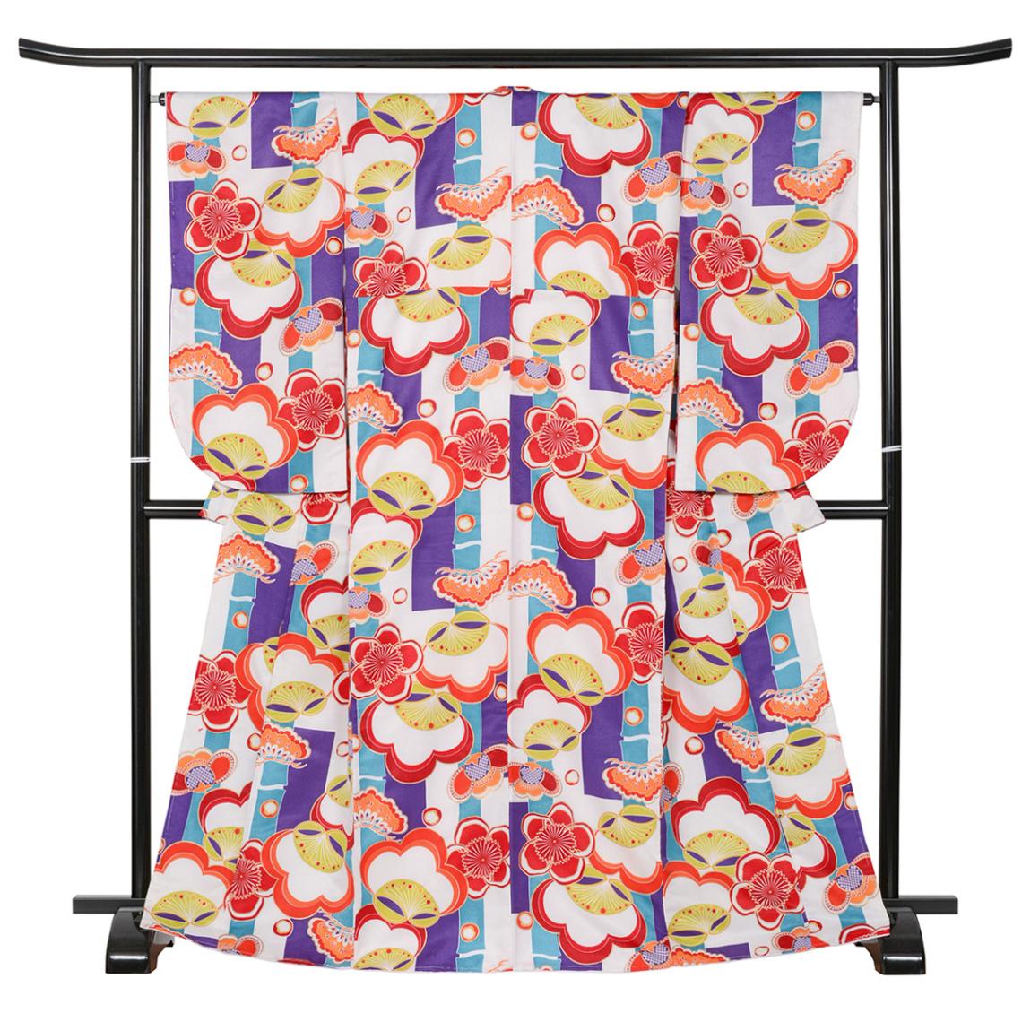 二尺袖着物 ポリ 小紋 白・紫 松竹梅 裄180 中国製