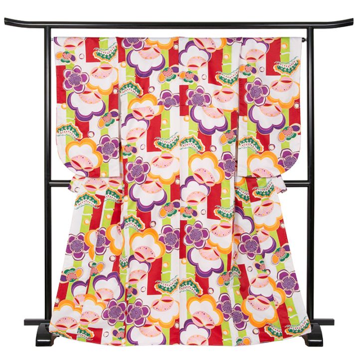 二尺袖着物 ポリ 小紋 白・赤 松竹梅 裄180 中国製