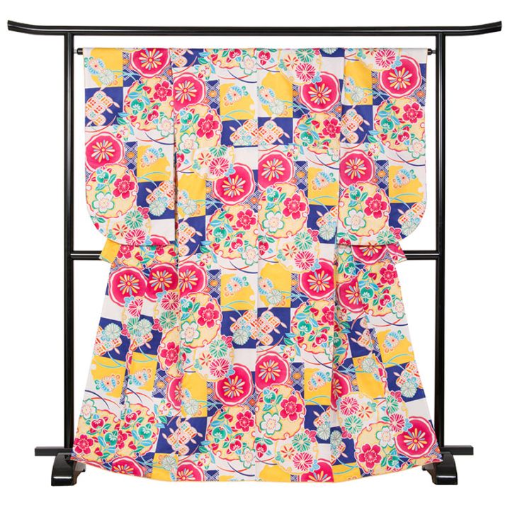 二尺袖着物 ポリ 小紋 白・青 雪輪 裄180 中国製