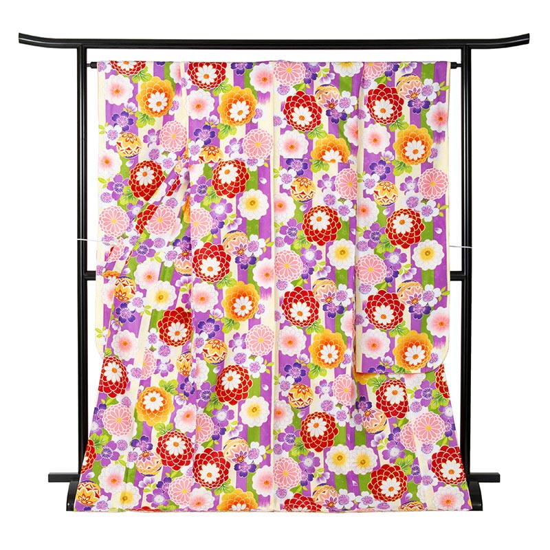 振袖 ポリ 小紋 クリーム緑紫縞 鞠桜 裄180 袖丈285 中国製