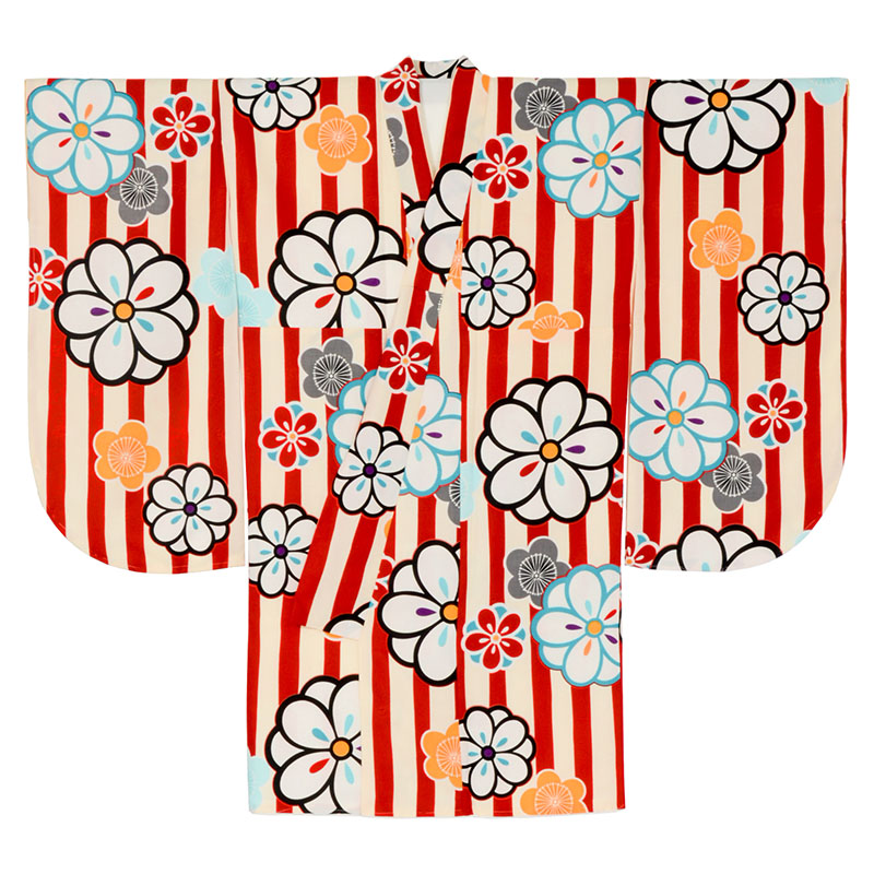 二尺袖着物 ポリ ショート丈 小紋 赤/オフ白 梅花 裄180 難物 中国製